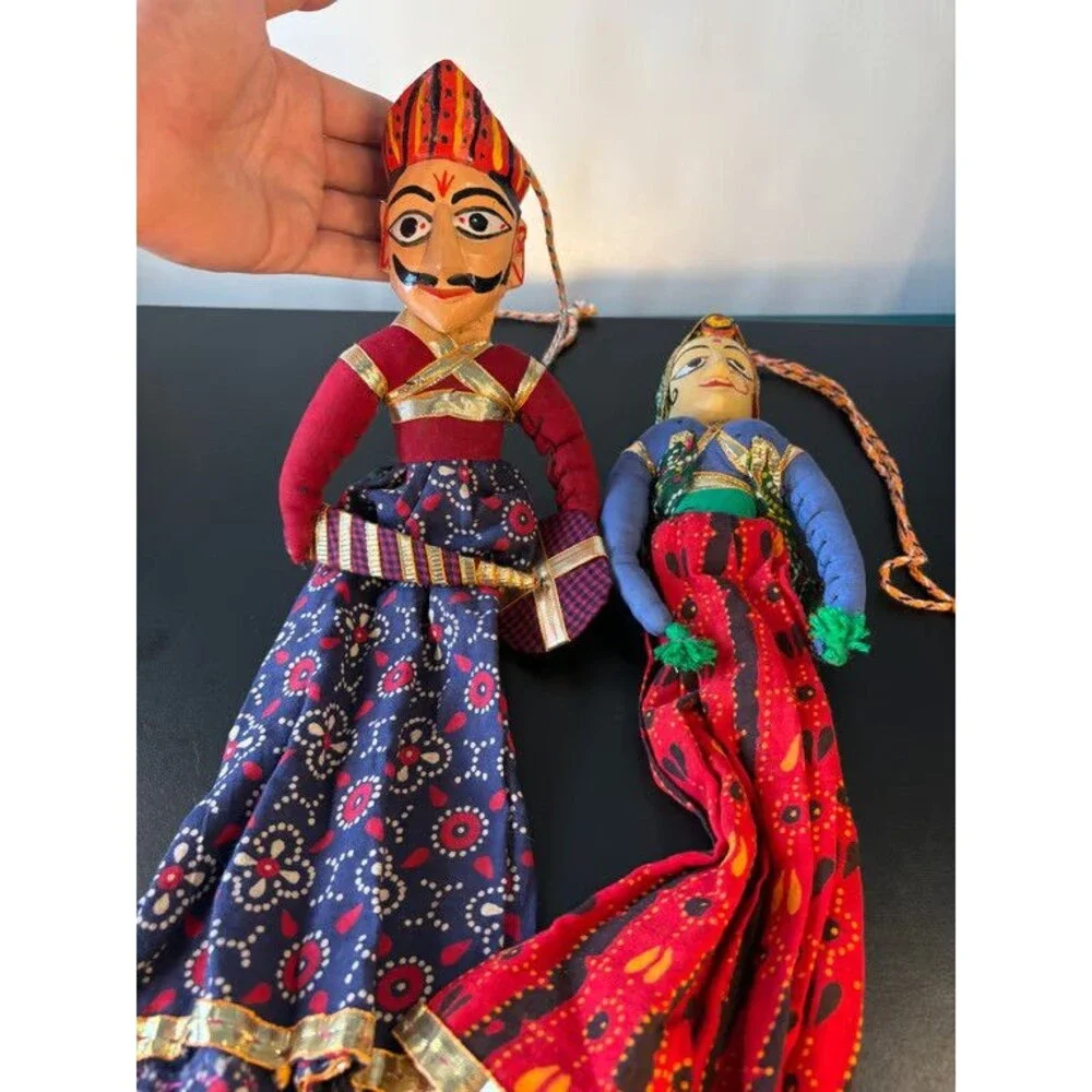 Rajasthani Kathputli String Puppets Pair Carved Wood Heads Indian Folk Art